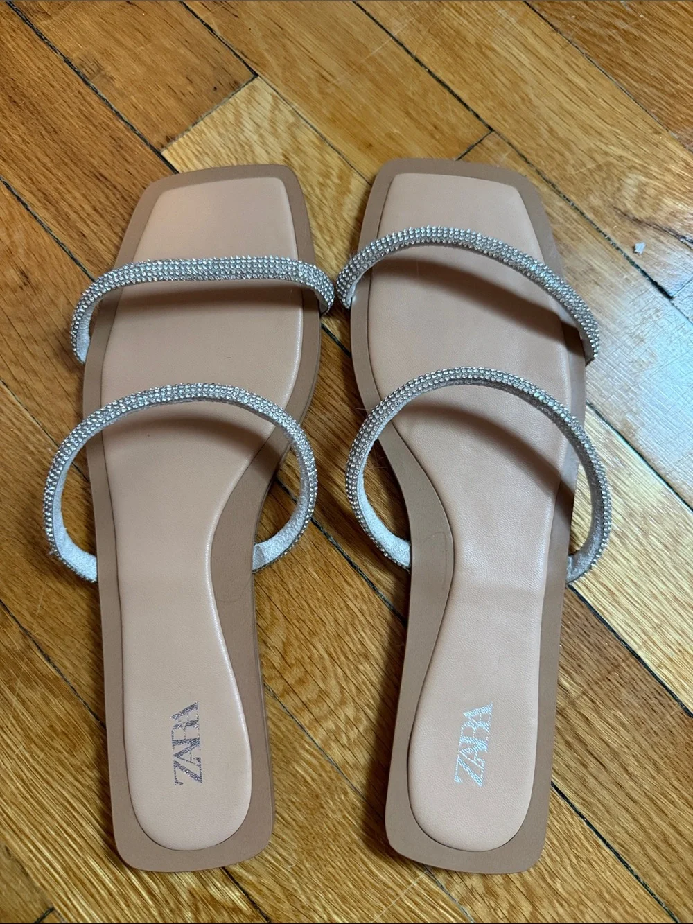 ZARA Nude Slide Sandals with Crystal-Embellished Double Straps - Picture 3 of 3